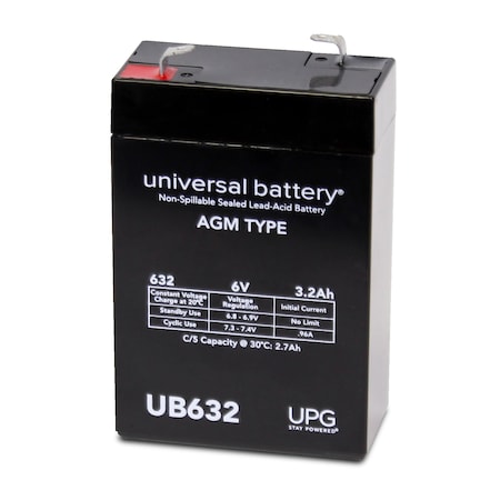 Upg Sealed Lead Acid Battery, 6 V, 3.2Ah, UB632, F1 (Faston Tab) Terminal, AGM Type D5695